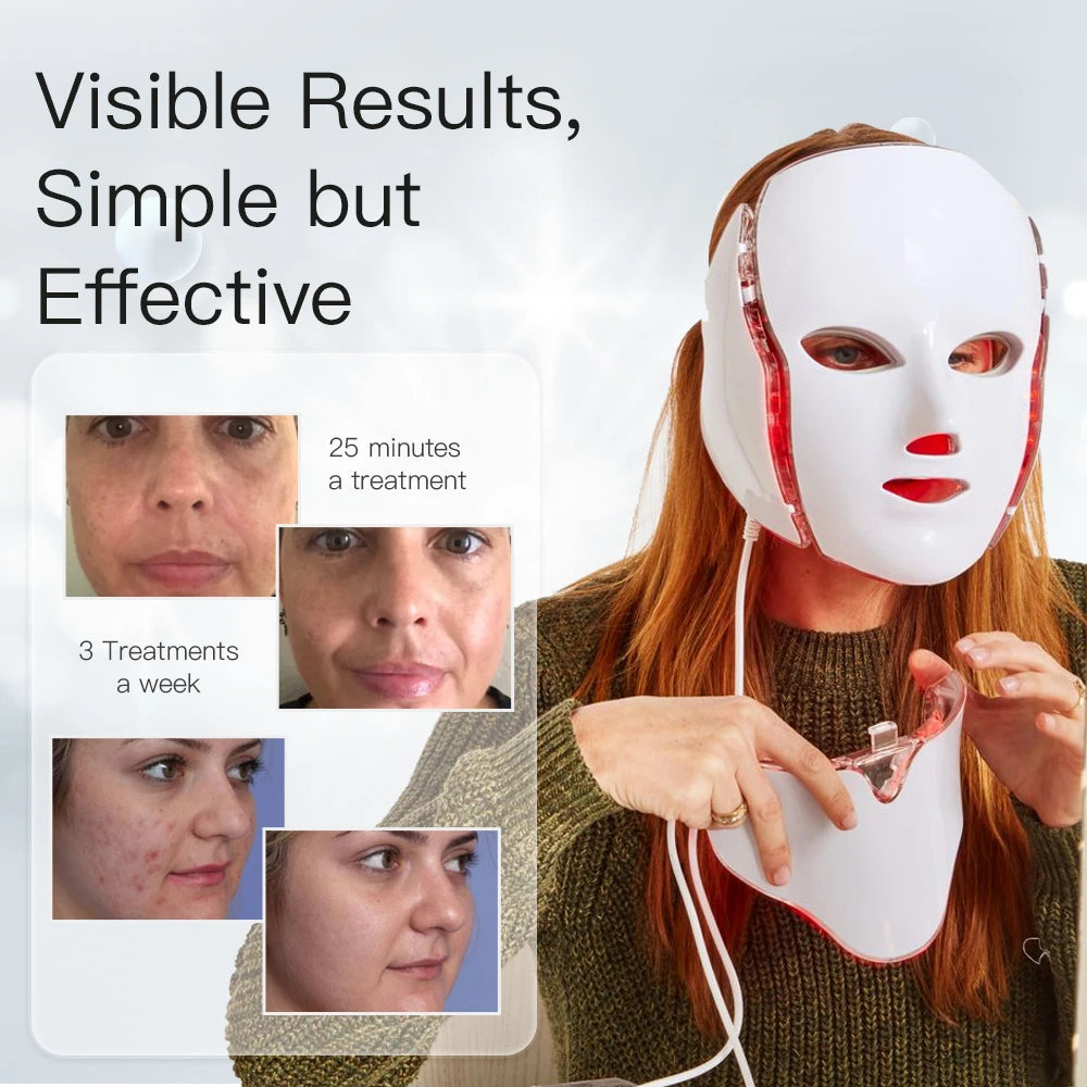 LED Facial Beauty Mask with 7-Color Light Therapy for Skin Rejuvenation, Acne Treatment, and Whitening - Includes Neck Attachment