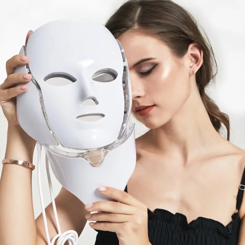 LED Facial Beauty Mask with 7-Color Light Therapy for Skin Rejuvenation, Acne Treatment, and Whitening - Includes Neck Attachment